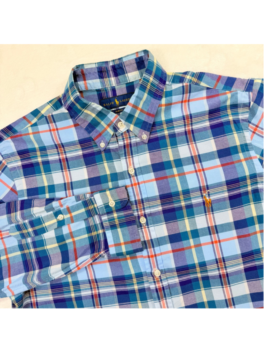 Men's Ralph Lauren Plaid Casual Button Down Shirt Slim Fit Large Blue Green